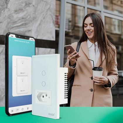 Imagem de Interruptor Inteligente Wifi 2 Botões Touch e 1 Tomada 20A Branco Ekaza Alexa e Google