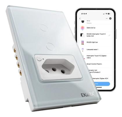 Imagem de Interruptor Inteligente Wifi 2 Botões Touch e 1 Tomada 20A Branco Ekaza Alexa e Google