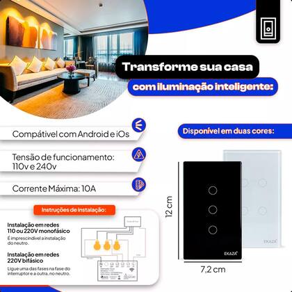 Imagem de Interruptor Inteligente Wifi 2 Botões Touch Smart Ekaza Alexa e Google