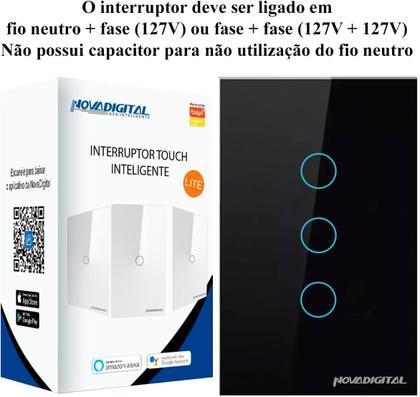 Imagem de Interruptor Inteligente Wifi 3 botões Preto NovaDigital