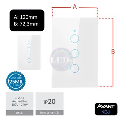 Imagem de Interruptor Inteligente Wifi 3 Botões Touch 4x2 Digital Smart Alexa Google Home - AVANT NEO 
