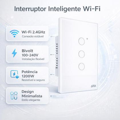 Imagem de Interruptor Inteligente WiFi 3 Teclas Touch Branco Megaju Aitek Alpha1003 Alexa Google Automação