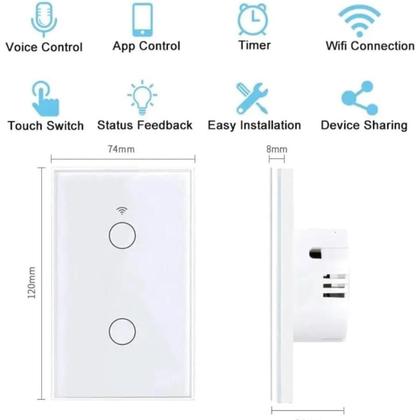 Imagem de Interruptor Inteligente WiFi Controle Por Aplicativo E Comando De Voz E RF433, Paralelo, 2 Botões Tecla Touch, Acabamento Em Vidro