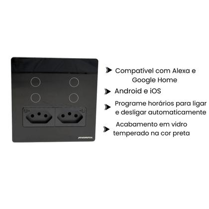 Imagem de Interruptor Inteligente Wifi Novadigital 4 Teclas Botões Touch 2 Tomadas 10a 4x4 Automação Tuya Smart Life Compatível Alexa Google Itwk4x4B Preto