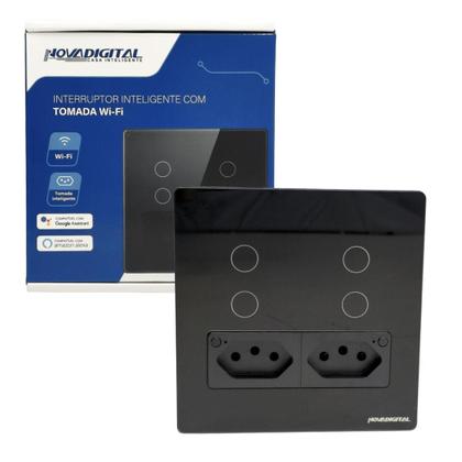 Imagem de Interruptor Inteligente Wifi Novadigital 4 Teclas Botões Touch 2 Tomadas 10a 4x4 Automação Tuya Smart Life Compatível Alexa Google Itwk4x4B Preto