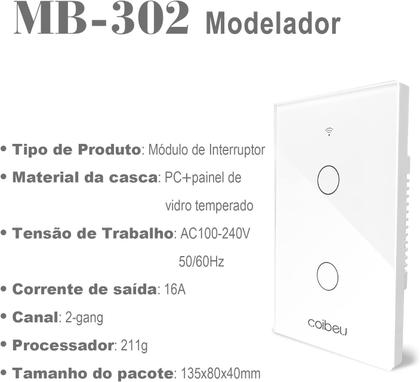 Imagem de Interruptor Inteligente WiFi, Smart Sem Fio Multifuncional 2 botões (MB302 com neutro) Compatível Com Alexa Google