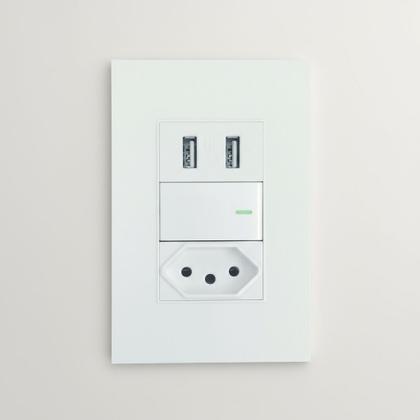 Imagem de Interruptor Premium De Parede Com Tomada Simples E Entrada Dupla USB Para Embutir
