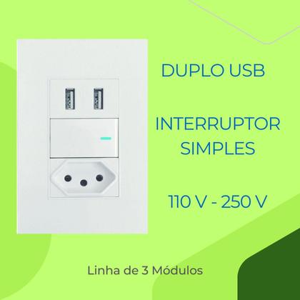 Imagem de Interruptor Premium De Parede Com Tomada Simples E Entrada Dupla USB Para Embutir