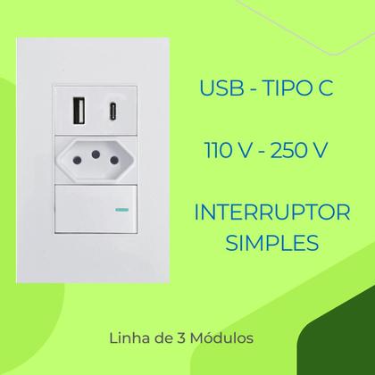 Imagem de Interruptor Premium De Parede Com Tomada Simples E Entrada Tipo C USB