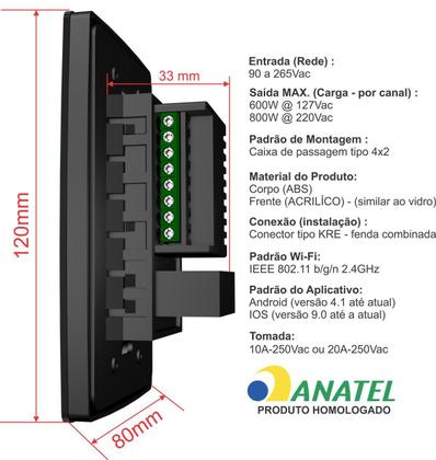 Imagem de Interruptor Preto Smart Touch Wifi Google Alexa 1 Tecla Tomada