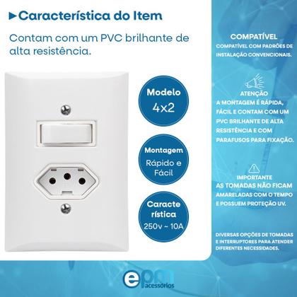 Imagem de Interruptor Simples 1 Tecla + Tomada 10A 2p+t Com Espelho Branco