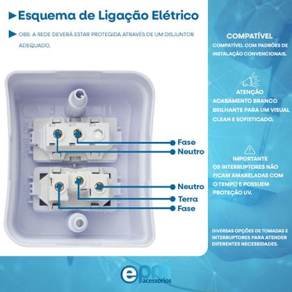 Imagem de Interruptor Simples 1 Tecla + Tomada 10A 2p+t Sobrepor Externo Com Espelho Branco Linha Viena