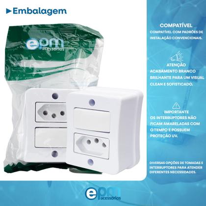 Imagem de Interruptor Simples 1 Tecla + Tomada 10A 2p+t Sobrepor Externo Com Espelho Branco Linha Viena