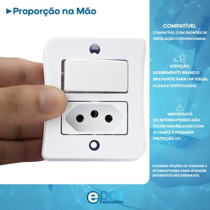 Imagem de Interruptor Simples 1 Tecla + Tomada 10A 2p+t Sobrepor Externo Com Espelho Branco Linha Viena