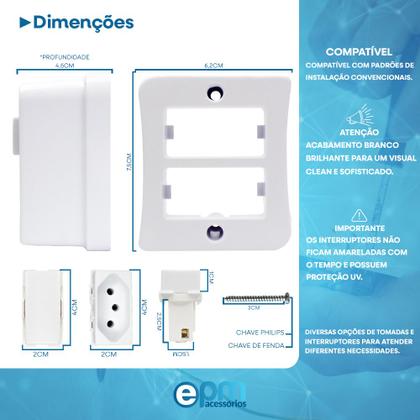 Imagem de Interruptor Simples 1 Tecla + Tomada 10A 2p+t Sobrepor Externo Com Espelho Branco Linha Viena