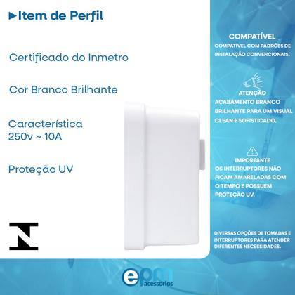 Imagem de Interruptor Simples 1 Tecla + Tomada 10A 2p+t Sobrepor Externo Com Espelho Branco Linha Viena