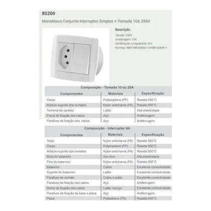 Imagem de Interruptor Simples Tomada 20a Dupla P/ Móveis Ilumi Slim