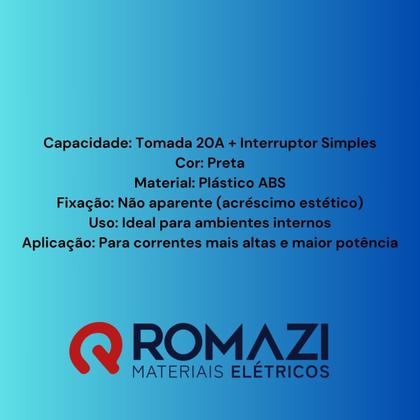 Imagem de Interruptor Simples+Tomada 4x2 20A Placa Preto Canoa Romazi