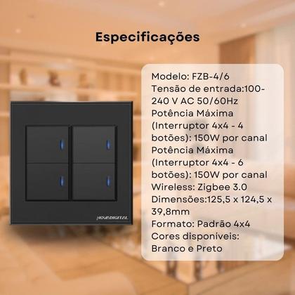 Imagem de Interruptor tecla Física com led Zigbee 4 Botões 4x4 Preto NovaDigital - NFZB-04-B