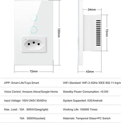 Imagem de Interruptor Tomada 2 Botões Inteligente Touch Tuya Alexa