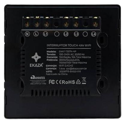 Imagem de Interruptor Touch Inteligente Wi-Fi 4 Botões Ekaza 4X4 Preto
