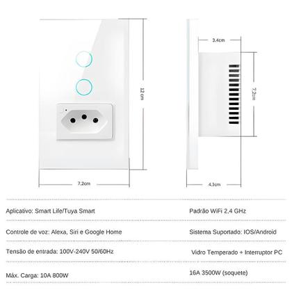 Imagem de Interruptor Wifi, Com Tomada, 2 Botões, Alexa/Google, Branco
