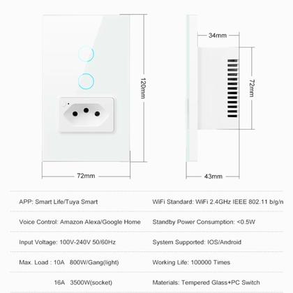 Imagem de Interruptor Wifi Inteligente 2 Botão Touch 1Tomada Alexa/google