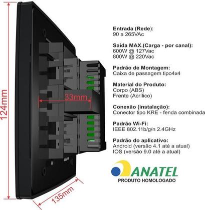 Imagem de Interruptor Wifi Touch 1 Botão + Tomada 20A Inteligente 4x4 Preto