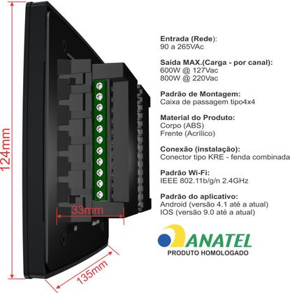 Imagem de Interruptor WiFi Touch Inteligente 4x4 5 Botões Alexa Preto