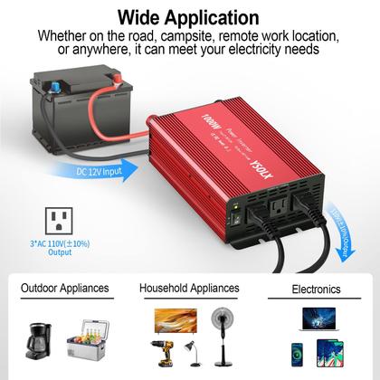 Imagem de Inversor de potência YSOLX 1000W 12V a 110V com 3 tomadas AC