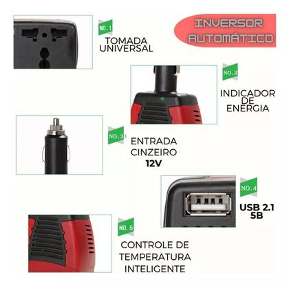 Imagem de Inversor De Tensao Para Carro 12V 110V Usb 150W Com Tomada