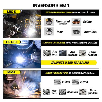 Imagem de Inversor Solda MigMag Sinérgico Tig MMA Eletrodo 180A + Máscara + Arame Super Tork