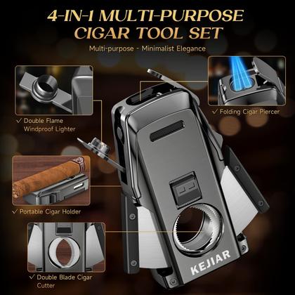 Imagem de Isqueiro KEJIAR Double Jet Torch com cortador e suporte cinza