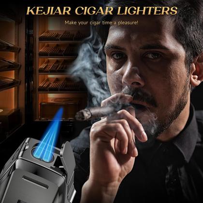 Imagem de Isqueiro KEJIAR Double Jet Torch com cortador e suporte cinza