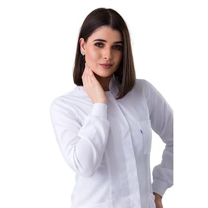 Imagem de Jaleco Feminino Gabardine Branco Manga Longa Gola Padre Punho de Malha - Namastê