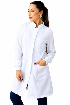 Imagem de Jaleco Feminino Oxford Branco, Botão Embutido, Gola Padre, Manga longa com Punho