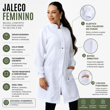 Imagem de Jaleco Feminino Oxford Branco, Botão Embutido, Gola Padre, Manga longa com Punho
