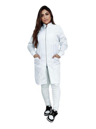 Imagem de Jaleco feminino oxford branco ziper manga longa ziper prata