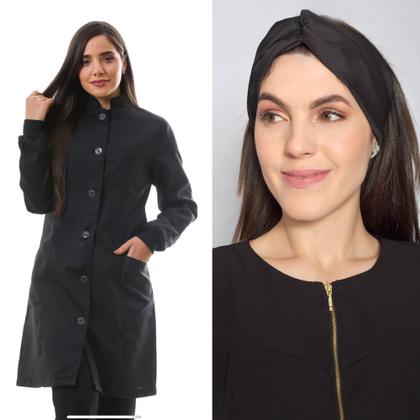 Imagem de Jaleco Feminino Oxford Gola Padre Botão Preto + Turbante Capri