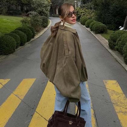 Imagem de Jaqueta Bomber Oversized De Camurça Para Mulheres, Casaco Estilo Varsity Com Zíper MUJER 2025