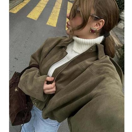 Imagem de Jaqueta Bomber Oversized De Camurça Para Mulheres, Casaco Estilo Varsity Com Zíper MUJER 2025
