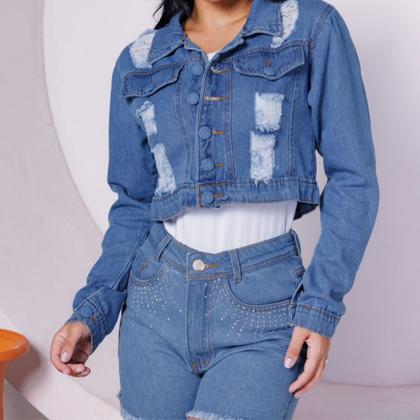 Imagem de Jaqueta  Casaco Jeans Feminina Destroyed Estilo Cropped Lavagem Clara com Botões Linha Premium