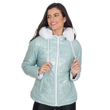 Imagem de Jaqueta Casaco Metalizada Dupla Face Puffer Feminina Nylon Capuz