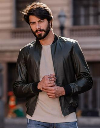 Imagem de Jaqueta de Couro Legitimo Masculina Estilo Bomber Punhos