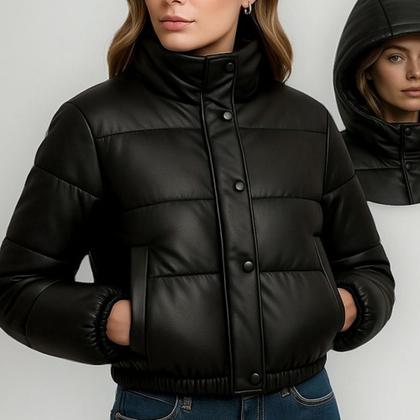 Imagem de Jaqueta Feminina Couro Forrada Bobojaco Casaco Capuz Outono Inverno peluciado Moda Tedencia 2025