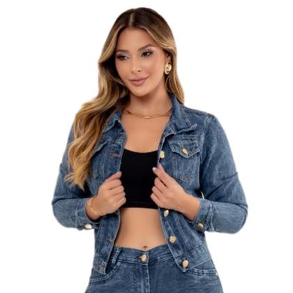 Imagem de Jaqueta Feminina Jeans Marmorizada Estilo Trucker Manga Comprida Tipo Denim Jackets