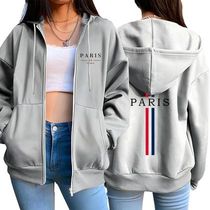 Imagem de Jaqueta Feminina Solta Com Zíper E Capuz, Estampa De Letras Paris, Casaco Esportivo Casual Estilo