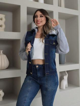 Imagem de jaqueta Jeans Feminina Com Moletom e capuz  manga longa 0005