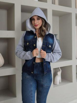 Imagem de jaqueta Jeans Feminina Com Moletom e capuz  manga longa 0005