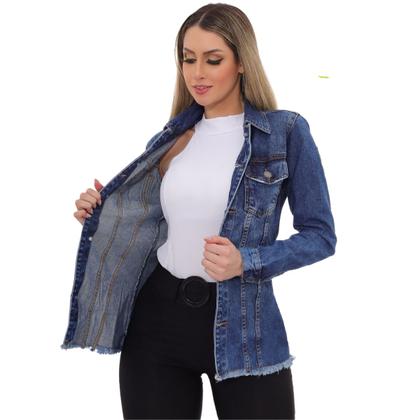 Imagem de Jaqueta Jeans Feminina Lavagem Escura com Botões  100% Algodão